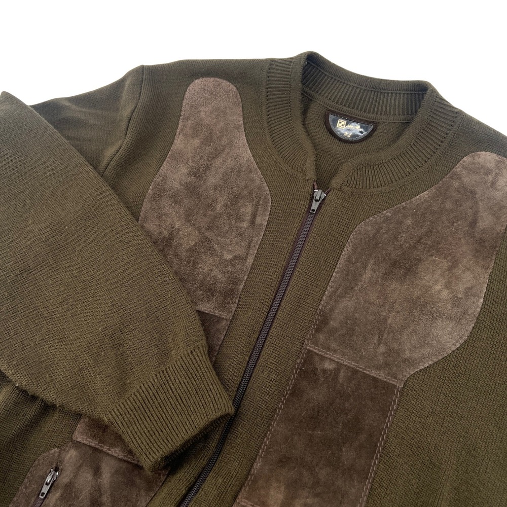 Arturo Calle Mens XL Olive Green Full Zip Suede Patch Cardigan Sweater Bomber